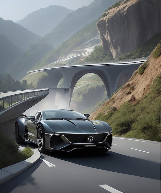 FUTURISTIC LUXURY CAR In hilly areas by the Highway AI generated