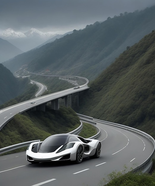 FUTURISTIC LUXURY CAR In hilly areas by the Highway AI generated