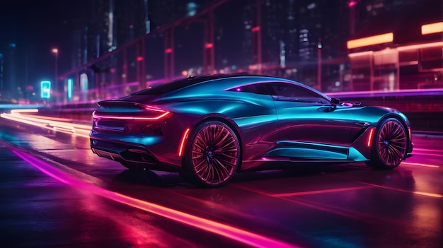 Futuristic Luxury Car On Neon Highway Powerful acceleration of a premium car with colorful lights