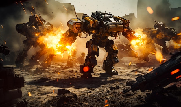 Futuristic machines struggling in the battlefield among the ruins War of robots in the future Generative AI