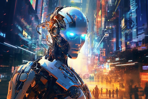 Futuristic Man AI Robot with Advanced Technology Focus on Help Human Work Faster