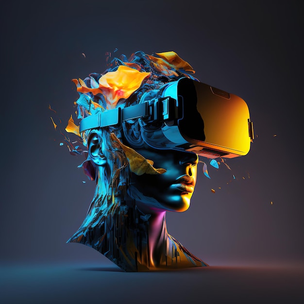 Futuristic Man wearing 3d VR headset glasses looks up 3d illustration