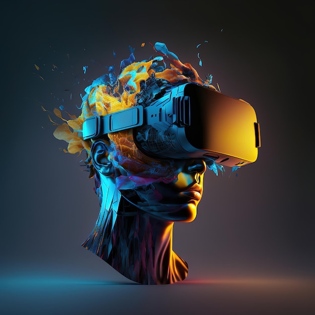 Futuristic Man wearing 3d VR headset glasses looks up 3d illustration