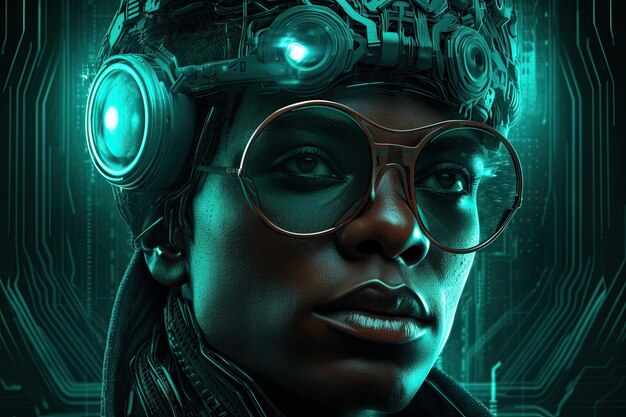 A futuristic man wearing a helmet and glasses in neon green