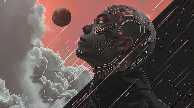 Photo futuristic man with futuristic face and head in front of a cloudy sky generative ai