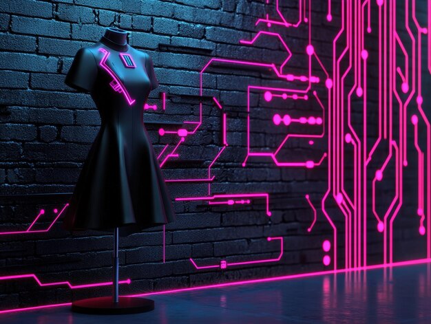 Photo futuristic mannequin in a sleek dress against a neon circuit board wall showcasing a blend of technology and fashion