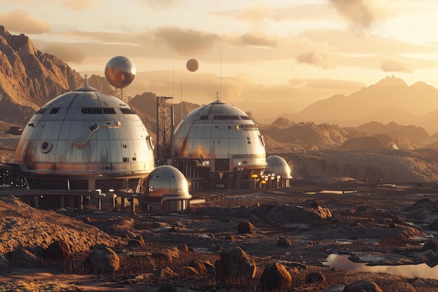 Futuristic mars colony at sunset