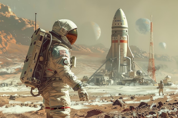 Futuristic Mars Colony with Astronauts and Spacecraft in Martian Landscape