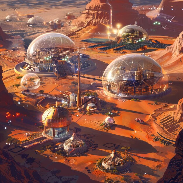 Photo futuristic martian colony with domed structures and solar panels