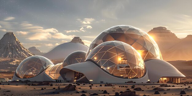 Photo futuristic martian lab with geodesic domes mars colonization technology and scifi vibes concept mars colonization geodesic domes scifi technology futuristic lab martian aesthetics