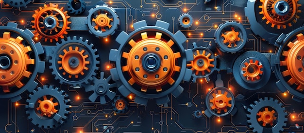 Futuristic Mechanical Gears and Circuit Board Background with Glowing Orange and Blue Elements