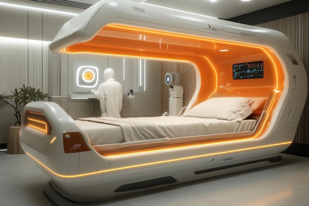 Photo futuristic medical bed with orange lighting and a medical robot