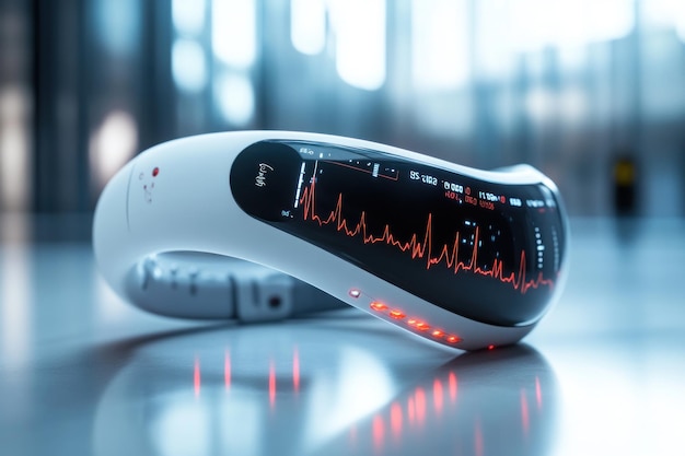 Futuristic Medical Device Displaying Heart Rate and Vital Signs