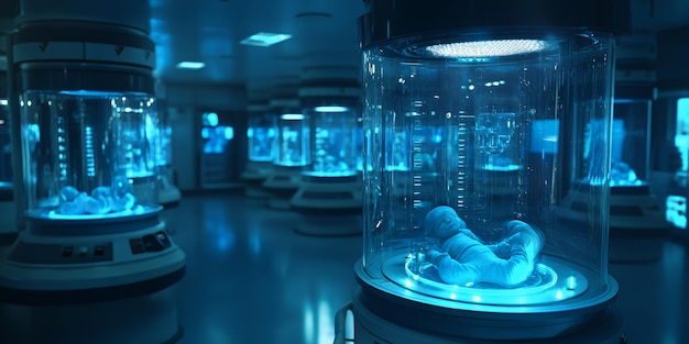 Photo futuristic medical facility with a row of transparent pods each containing a human figure bathed in blue light