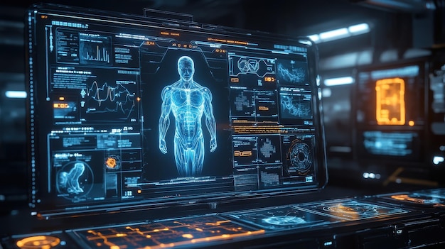 Photo futuristic medical interface displaying human anatomy and data in hightech laboratory environment