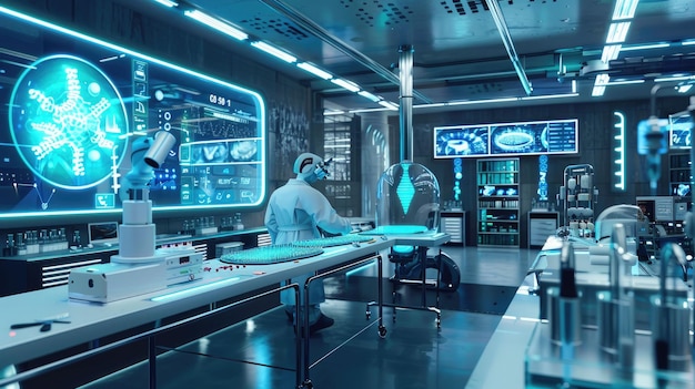 Futuristic medical lab with holographic displays and equipment chaos 10 ar 169 Job ID e75c58713e2a475cae894bbcd8e48bbb