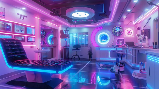 Futuristic medical room with neon lights and a futuristic examination table