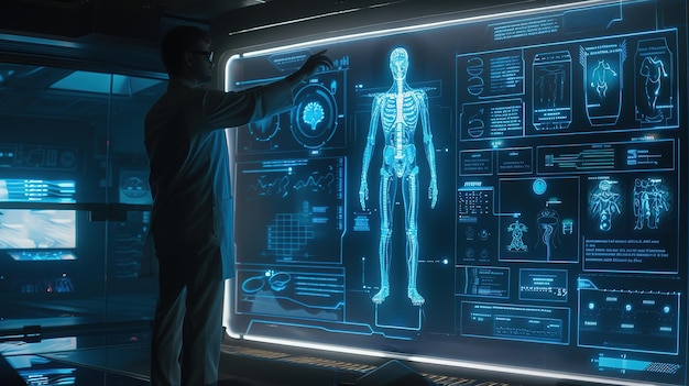 Futuristic medical technology interface with holographic human anatomy