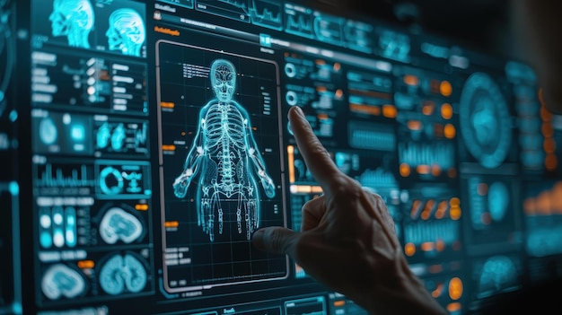 Futuristic Medical Technology Interface with Human Anatomy Hologram Displayed on HighTech Screen