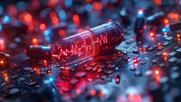 Photo futuristic medicine capsule on circuit board generative ai