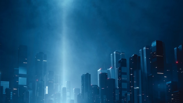 Futuristic mega city at night with beam head light up in cloudy sky