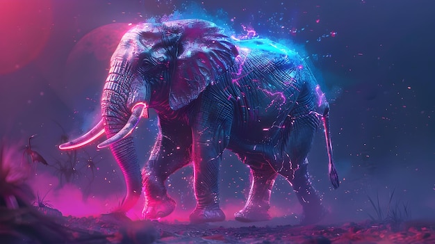 Futuristic Metallic Elephant with Glowing Tusks Strolling in a Neon Jungle Landscape