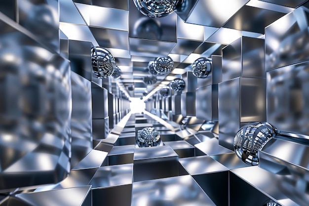 Futuristic Metallic Maze Abstract 3D Pattern with Cubes and Spheres