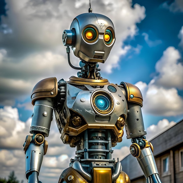 A futuristic metallic robot with glowing eyes stands against a cloudy sky representing innovation and the future of technology