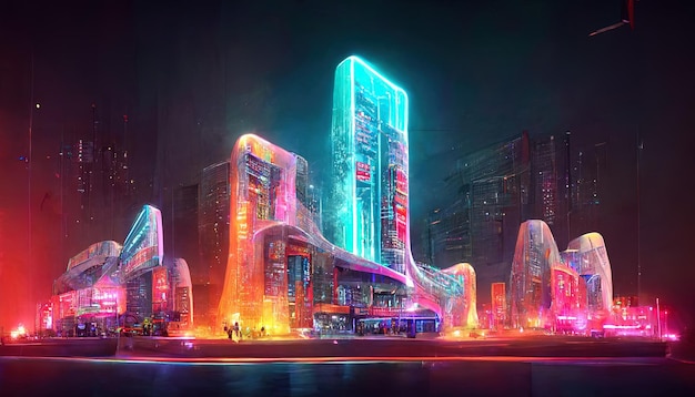 Futuristic metaverse city concept with glowing neon lights Generative Ai