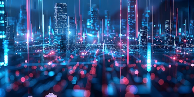 Futuristic Metaverse City Skyline Illuminated by Glowing Digital Lights and Advanced Technology Concept Futuristic Cityscape Metaverse Exploration Digital Innovation Advanced Technology