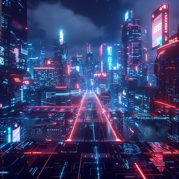 A futuristic metropolis skyline at night illuminated by neon lights