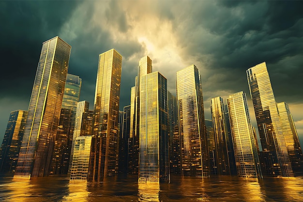 Futuristic metropolis towering golden skyscrapers dramatic