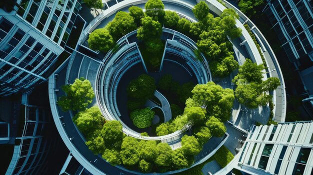 Futuristic Metropolis with Lush Greenery from an Aerial Drone View