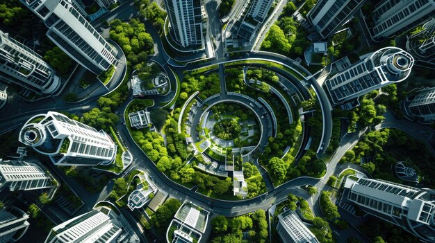 Futuristic Metropolis with Lush Greenery from an Aerial Drone View