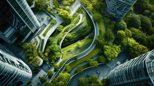 Futuristic Metropolis with Lush Greenery from an Aerial Drone View