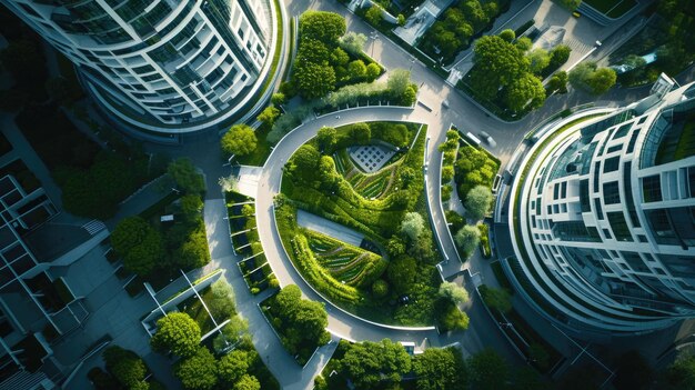 Futuristic Metropolis with Lush Greenery from an Aerial Drone View