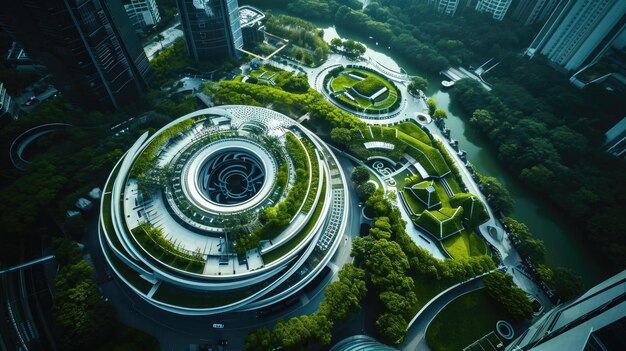 Futuristic Metropolis with Lush Greenery from an Aerial Drone View