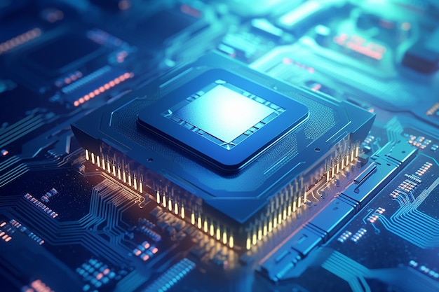 Futuristic Microchip Processor Central Processing Unit with Blue Light on Motherboard Background