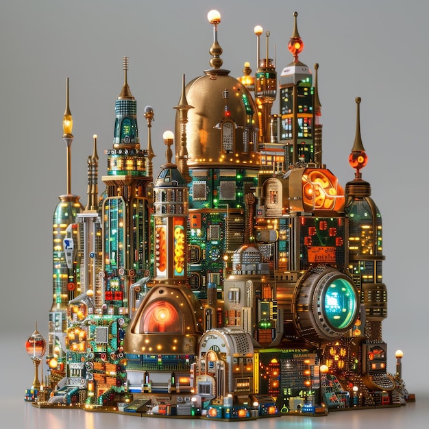 Futuristic Miniature City Made of Electronic Components showcasing a creative fusion of technology