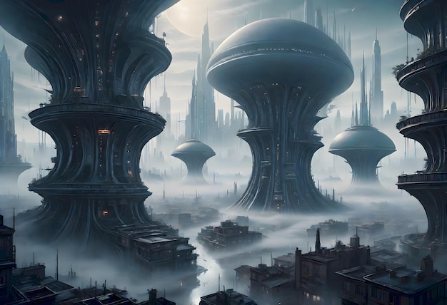 Photo futuristic misty alien city generative ai