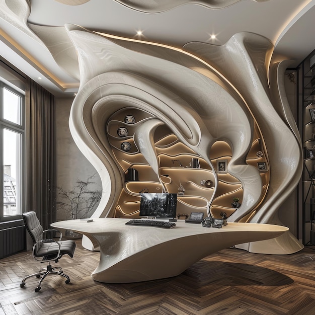 Futuristic modern art nouveau home office decor blending timeless elegance with contemporary flair creating a stylish and sophisticated workspace that merges tradition and innovation seamlessly