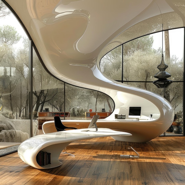 Futuristic modern art nouveau home office decor blending timeless elegance with contemporary flair creating a stylish and sophisticated workspace that merges tradition and innovation seamlessly