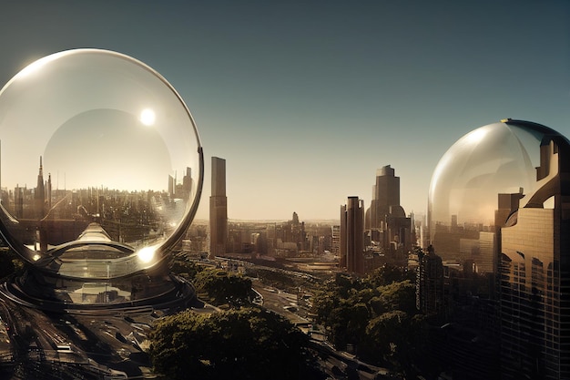 Futuristic modern city covered giant glass dome Cyberpunk ecology and apocalypse