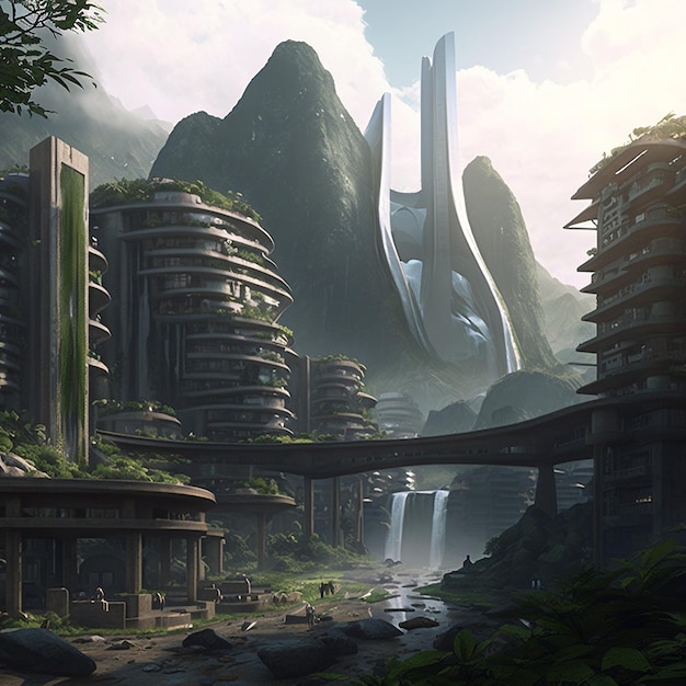 Futuristic modern city nestled rainforest mountain images Generative AI