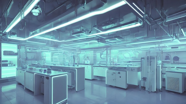 Futuristic modern interior clean modern laboratory with neon light generative art by AI