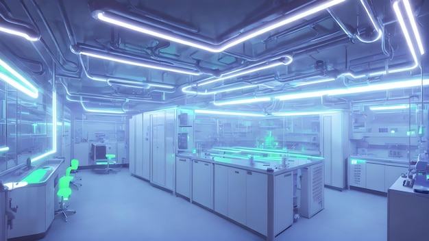 Futuristic modern interior clean modern laboratory with neon light generative art by AI