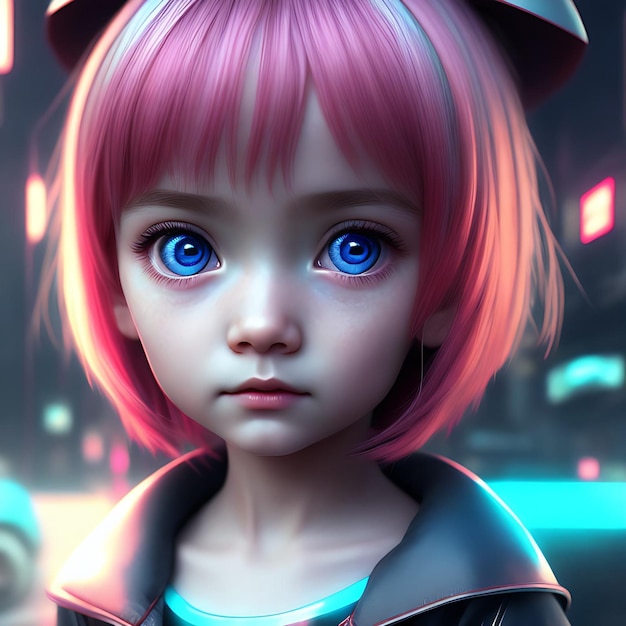 Futuristic Modern Photorealistic 3D Portrait Surreal Illustration Modern Girl with Pink Hair