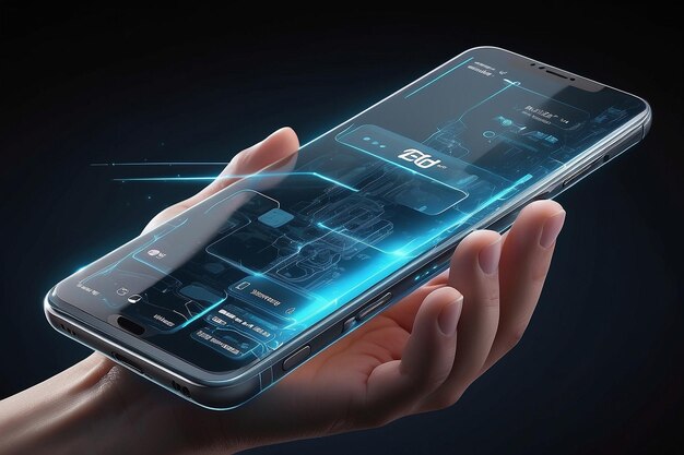 Futuristic modern transparent glass phone technology concept 6G highspeed network