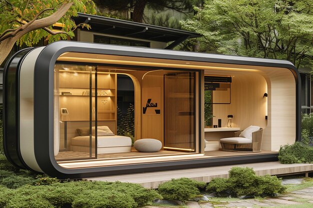 a futuristic modular home with transformable furniture