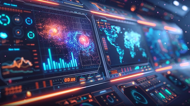 Futuristic monitoring dashboard displays intricate analytics of galaxies and planetary data